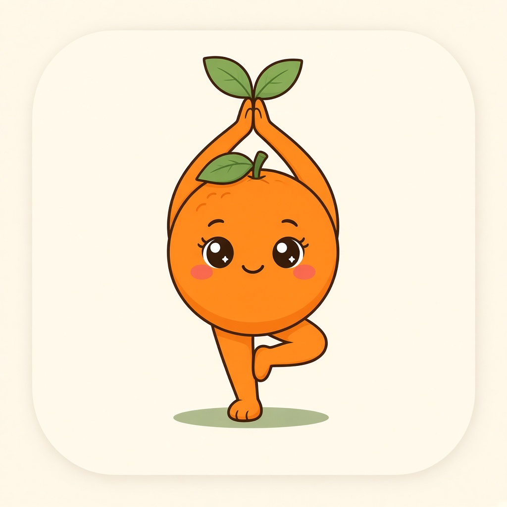 Ollie, a smiling orange mascot, balancing in tree pose.